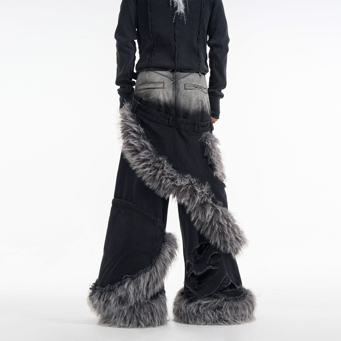 Handsome high-end jeans fake two double-waisted scalp pants