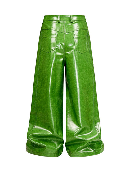 Green Liquid Leather Wide Pants