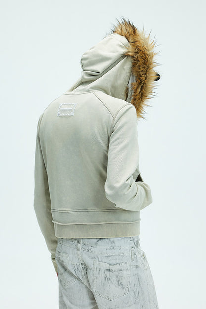 Fur collar slim wash distressed zipper hooded