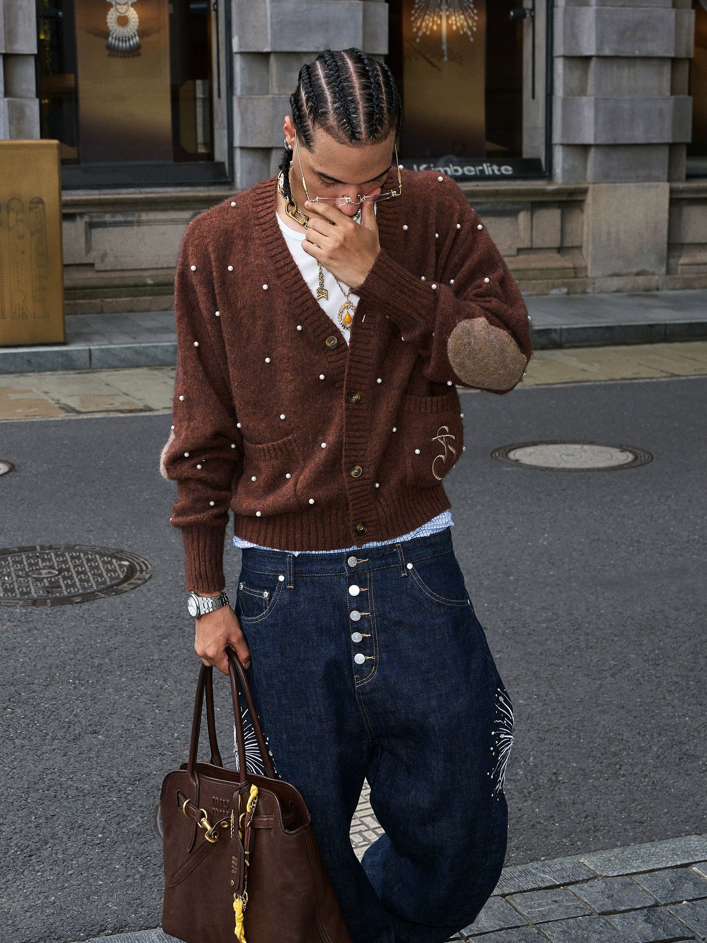 Tricolor Knit Cardigan yellow / brown / pink/