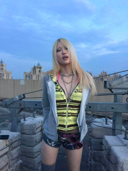 Star Embroidered Contrast Stripe Fake Two-Piece Zip Hoodie