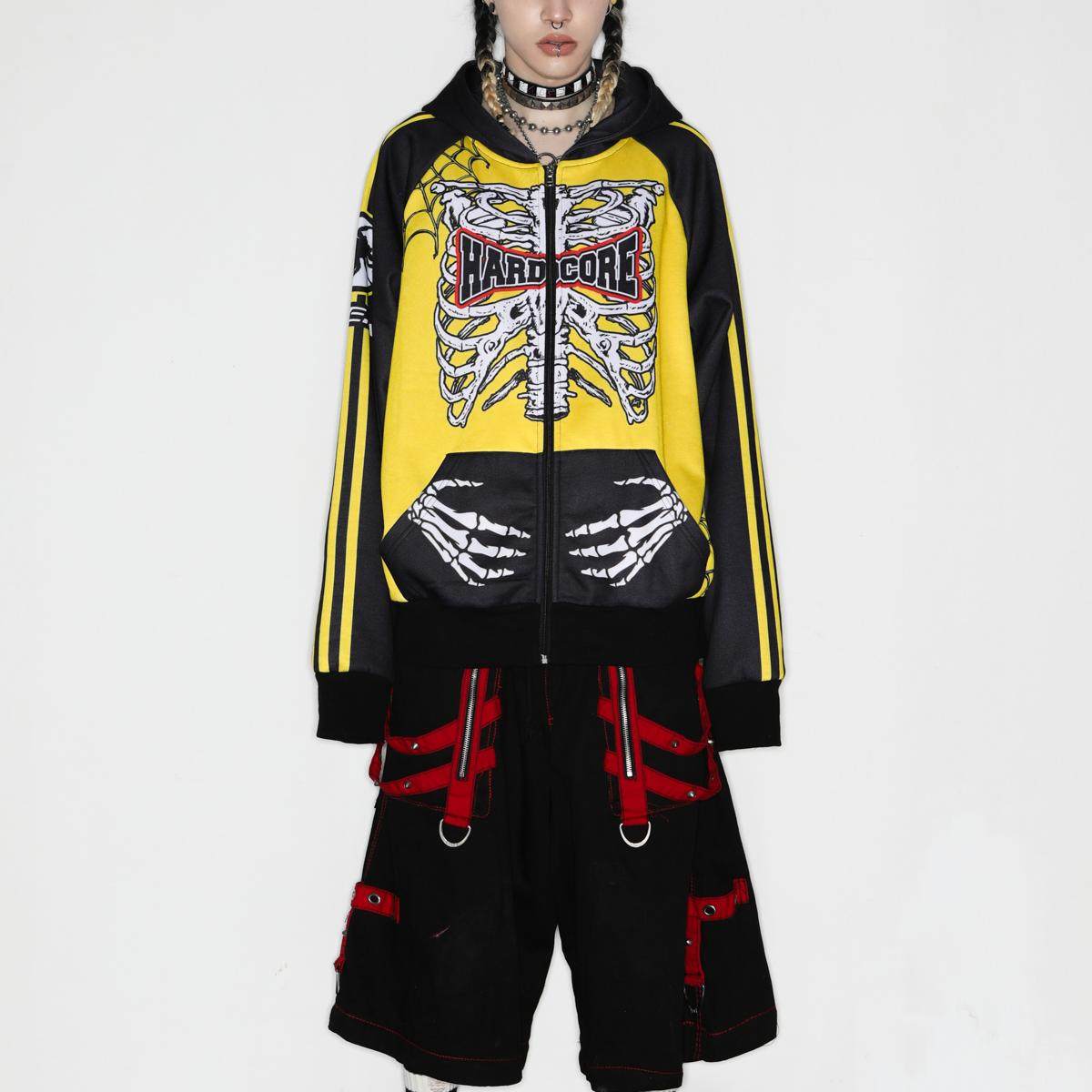 American Punk Yellow and Black Skull Skeleton Hooded Zipper Jacket