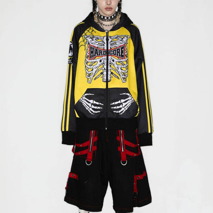American Punk Yellow and Black Skull Skeleton Hooded Zipper Jacket