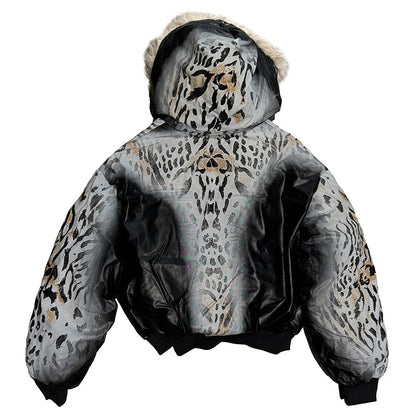 Short and Wide Hooded Split Leopard Print Thickened Jacket