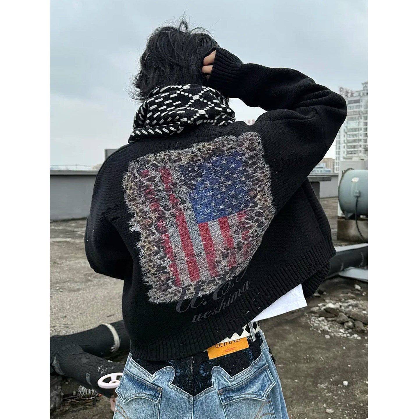 Leopard print navy blue flag cardigan sweater knit jacket