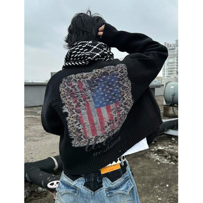 Leopard print navy blue flag cardigan sweater knit jacket