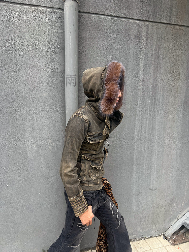 Y2K Fur Collar Hooded Denim Jacket
