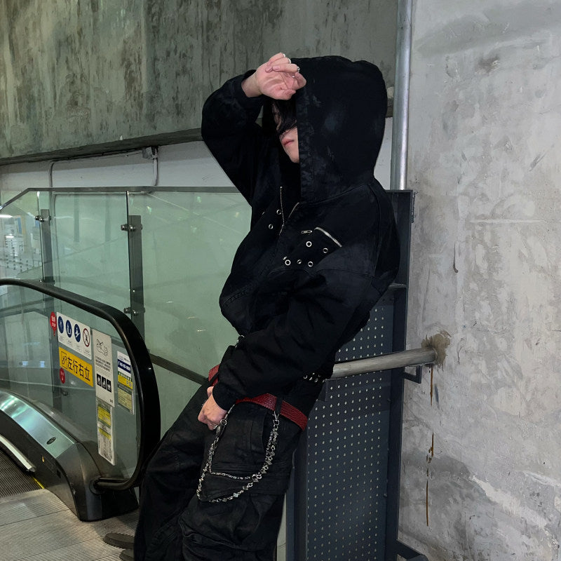 Brushed wax hooded zipper sweatshirt cardigan jacket