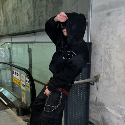 Brushed wax hooded zipper sweatshirt cardigan jacket