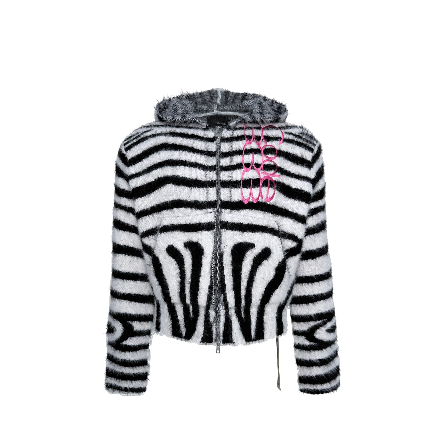 Embroidered zebra pattern fur double-switch zipper hooded