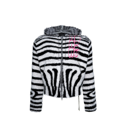Embroidered zebra pattern fur double-switch zipper hooded