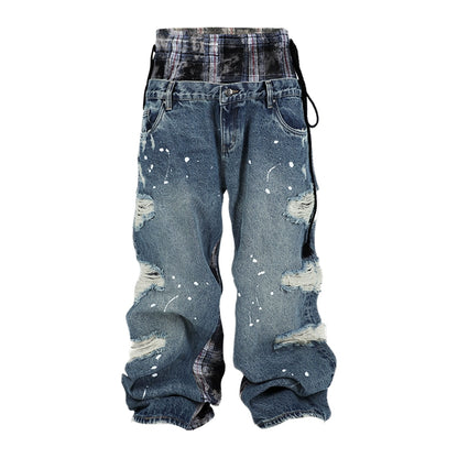 Tartan Panelled Distressed Baggy Jeans