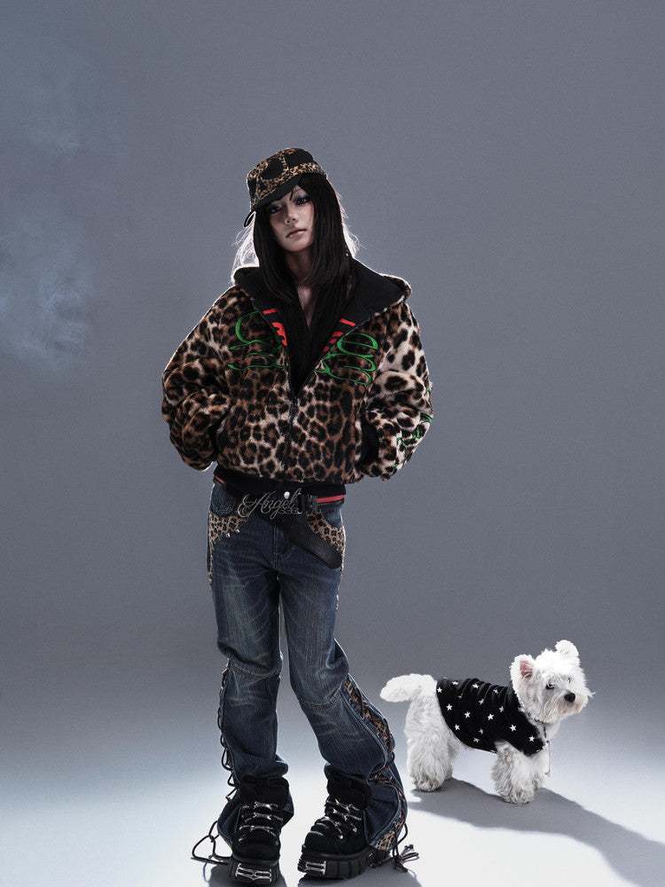 Green embroidered reversible leopard print zip hooded jacket