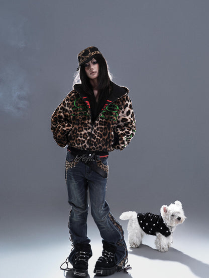 Green embroidered reversible leopard print zip hooded jacket