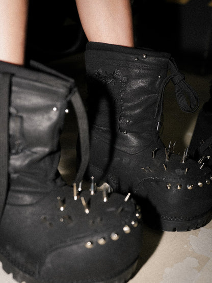 Rivet Destroyed Waxed Denim Ski Boots