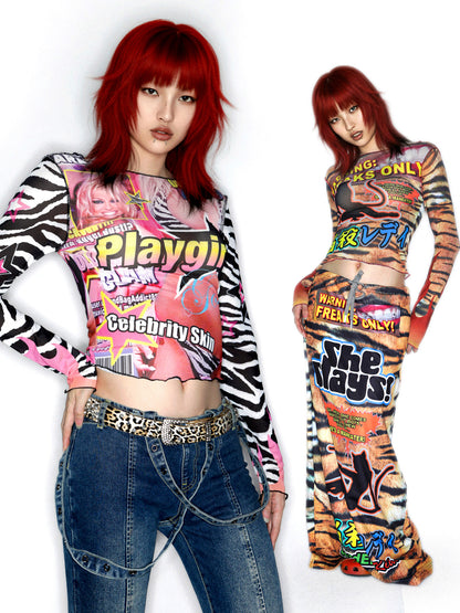 Y2K Print Long Sleeve Sweet Cool Girl Slimming