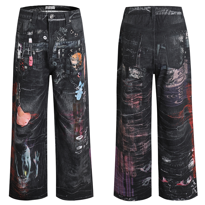 Dark Cartoon Print Double-Waist Jeans