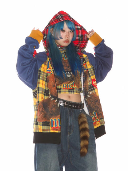 American punk bear baggy checked velvet jacket