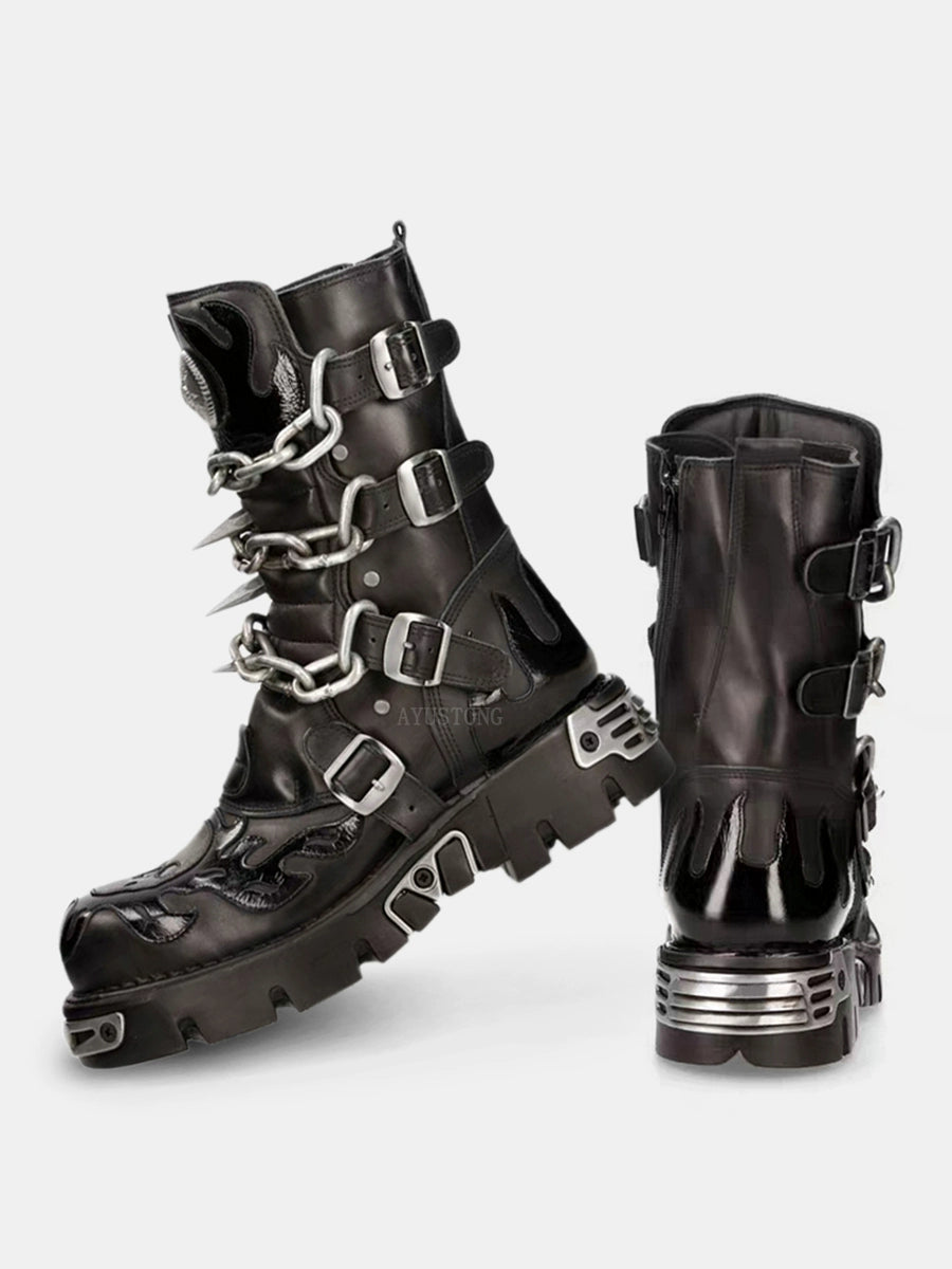 Metal Chain Punk Biker Boots (Black)