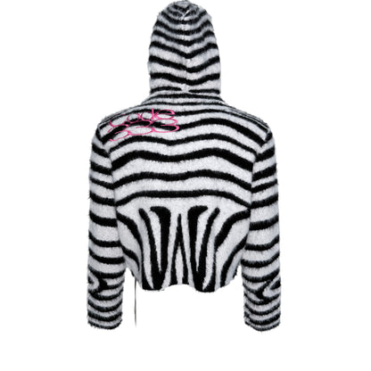 Embroidered zebra pattern fur double-switch zipper hooded