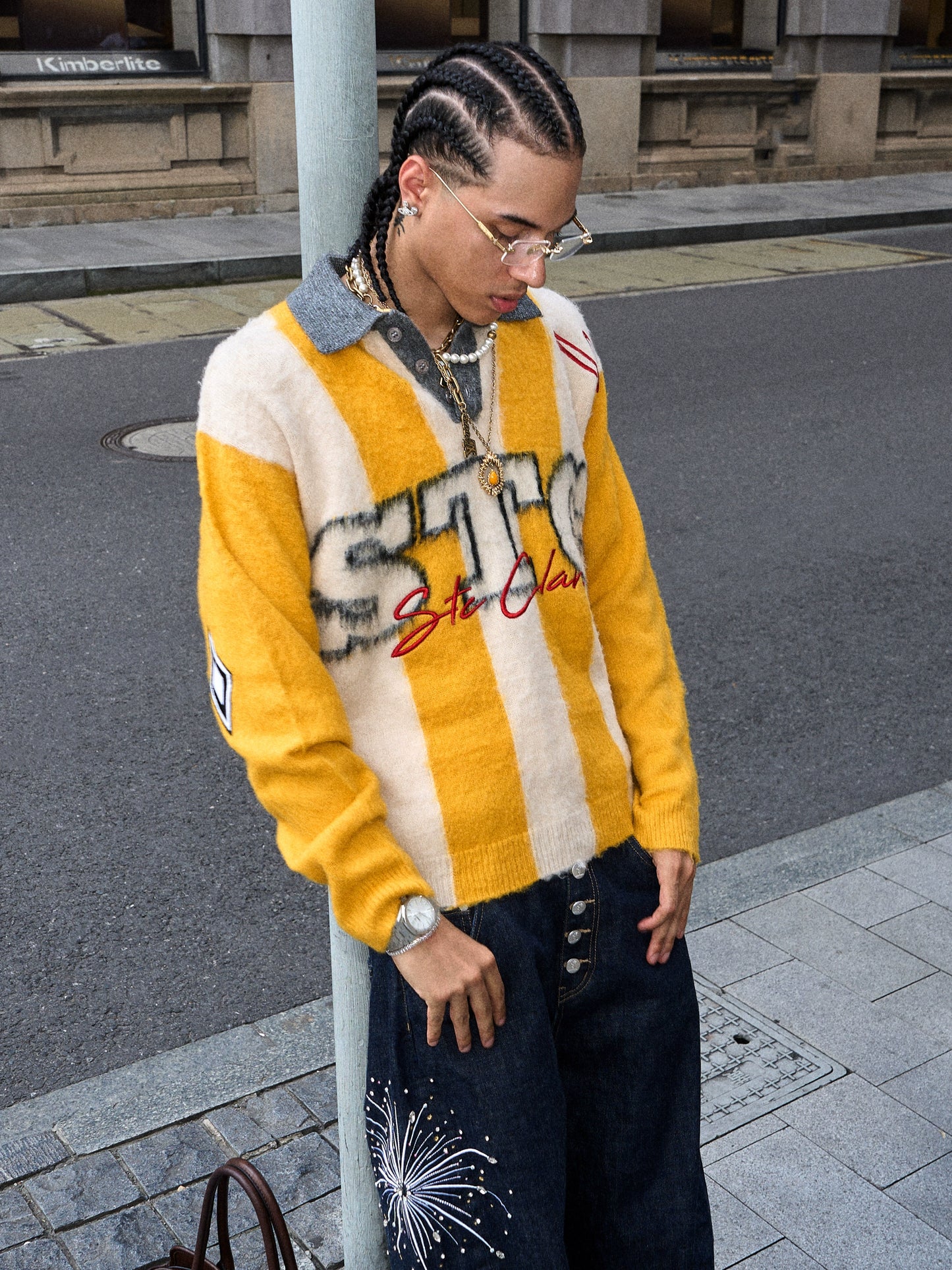 Retro Yellow Jacquard Knit Polo Sweater
