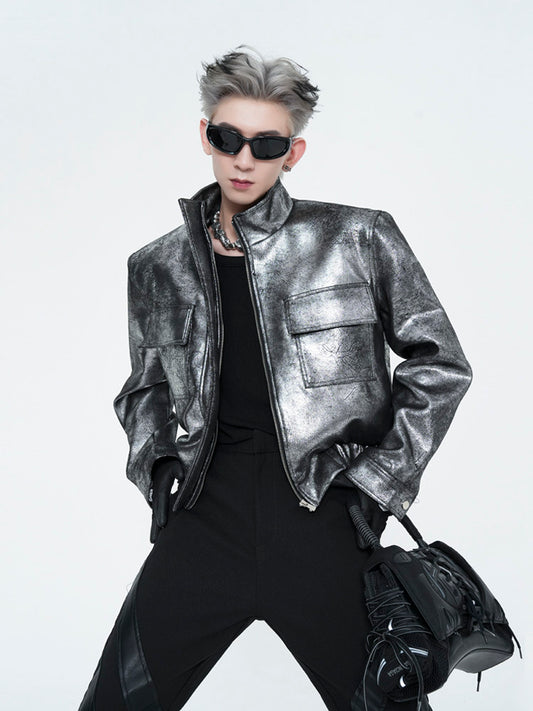 High-end men's ins trend handsome shoulder pads silver biker suit