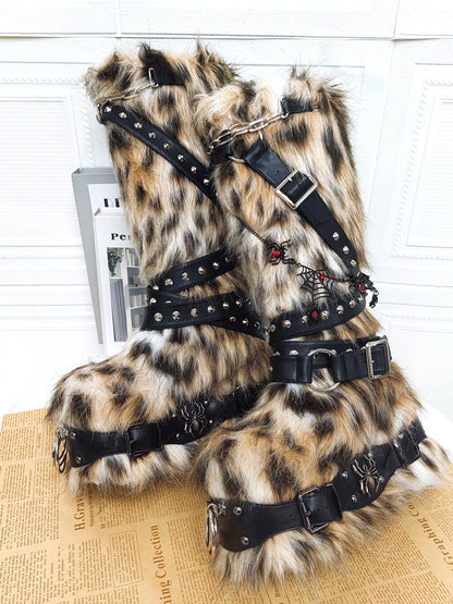 Leopard Fur Rivet Punk Platform Boots