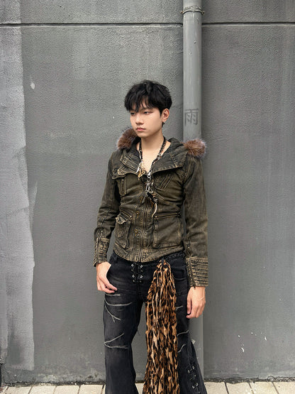 Y2K Fur Collar Hooded Denim Jacket