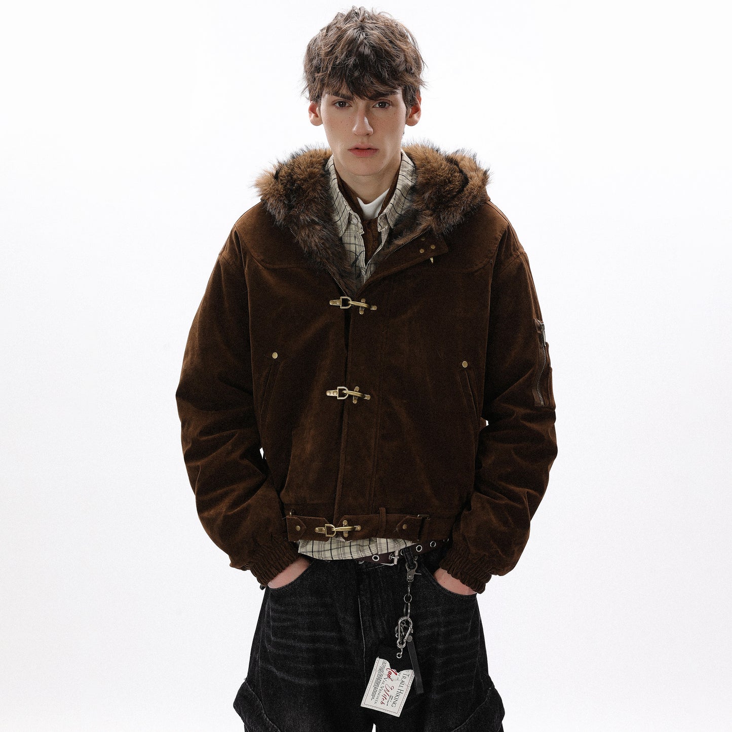 American design sense buckle ooded casual thick jacket