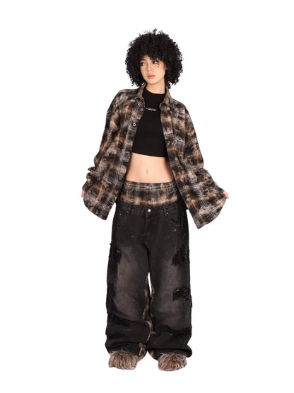 Tartan Panelled Distressed Baggy Jeans
