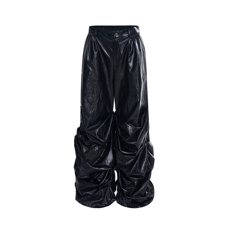 Wide-Leg PU Pleated Pants