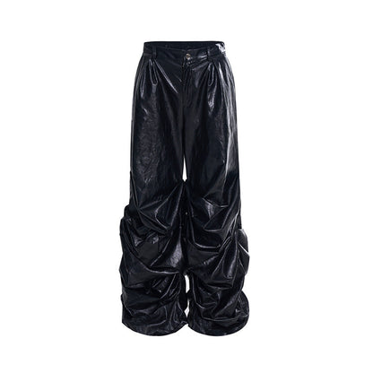 Wide-Leg PU Pleated Pants