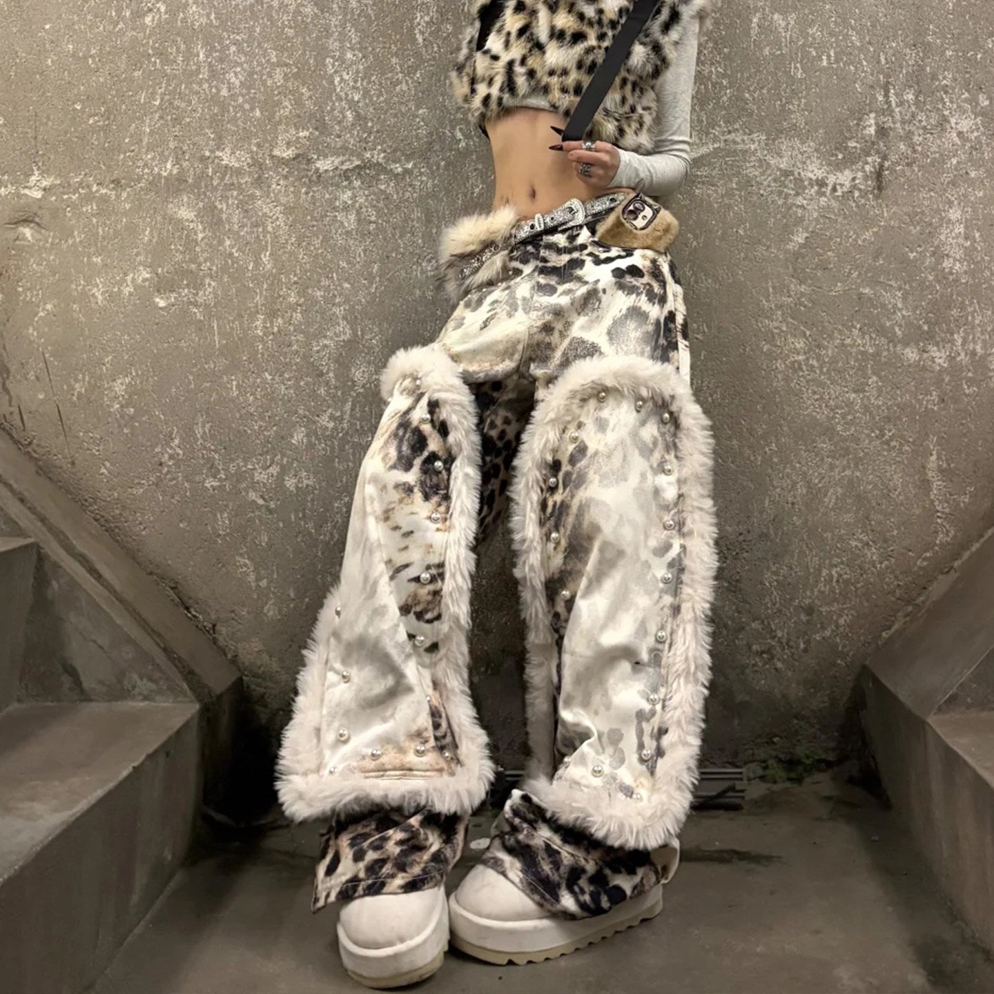 Street leopard print plush patchwork print jeans