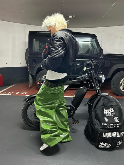 Green Liquid Leather Wide Pants