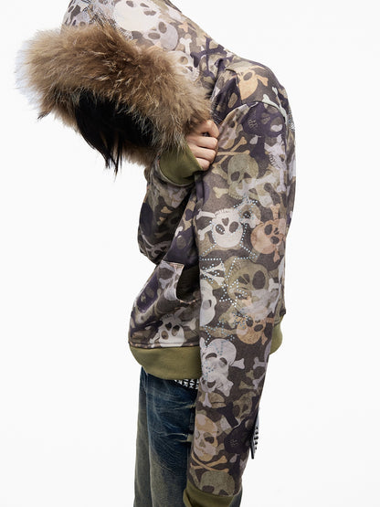 Skull Camo Fur Collar Hoodie Jacket