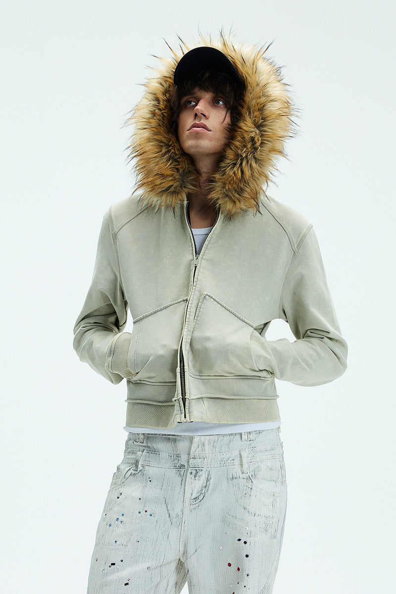 Fur collar slim wash distressed zipper hooded