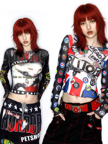 Y2K Print Long Sleeve Sweet Cool Girl Slimming