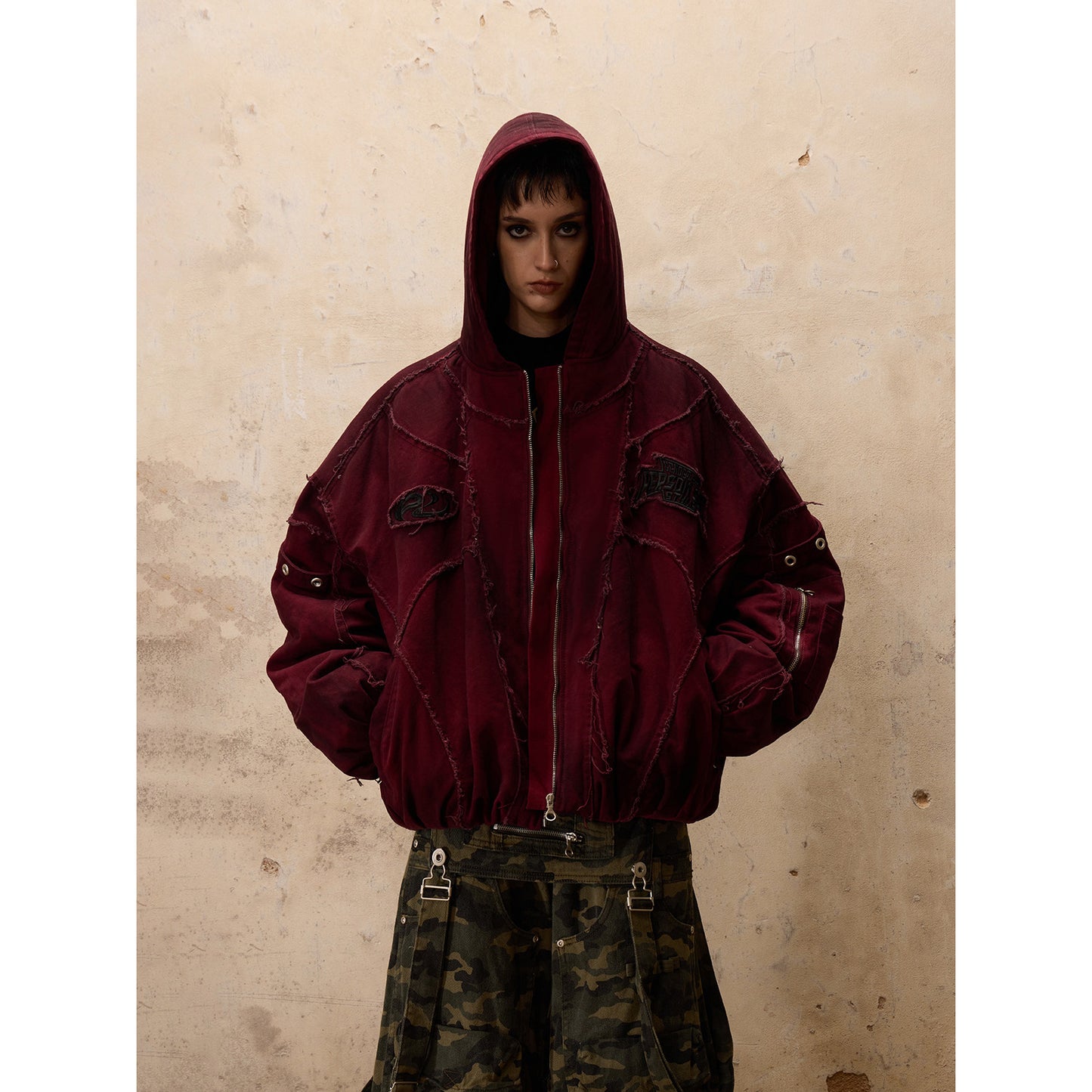 Hand-brushed hooded padded suit in red and white DirtyCoat