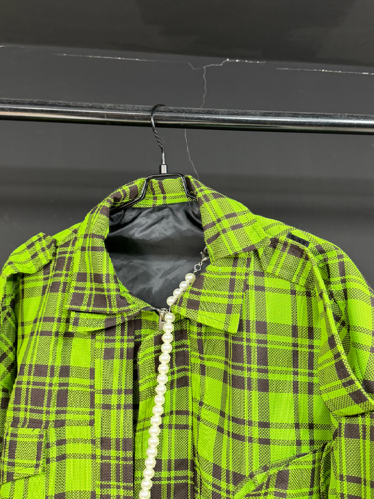 Fluorescent plaid vintage plaid polo collar jacket for men and women contrasting design niche high street jacket