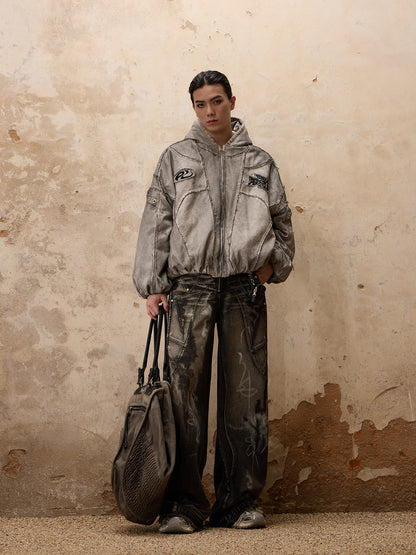 Hand-brushed hooded padded suit in red and white DirtyCoat