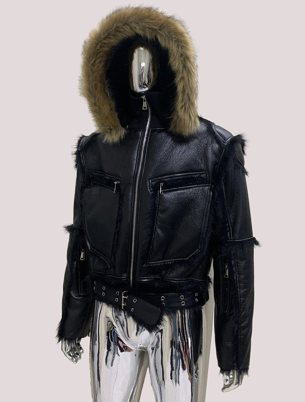 Black Cropped Fur Hooded Jacket