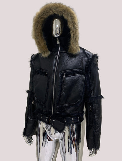 Black Cropped Fur Hooded Jacket