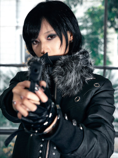 Pearl Washed Fur Collar PU Jacket