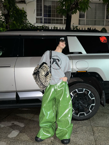 Green Liquid Leather Wide Pants
