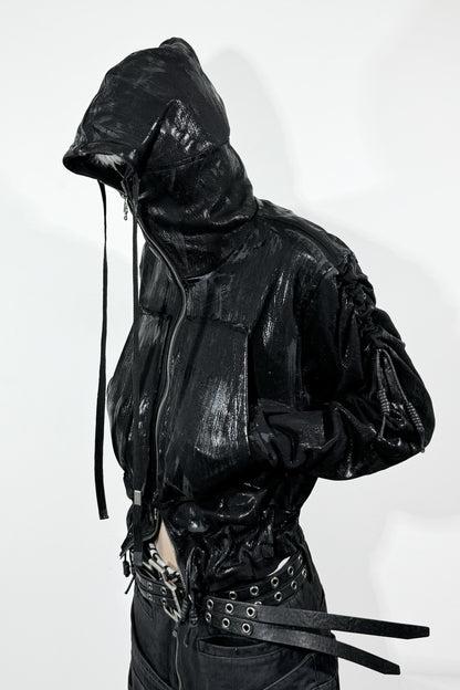 Waxed Black Hooded Zip Hoodie