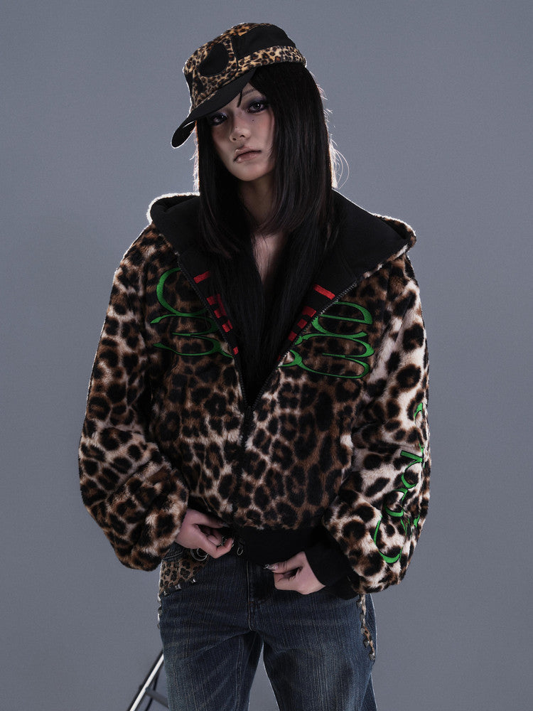 Green embroidered reversible leopard print zip hooded jacket
