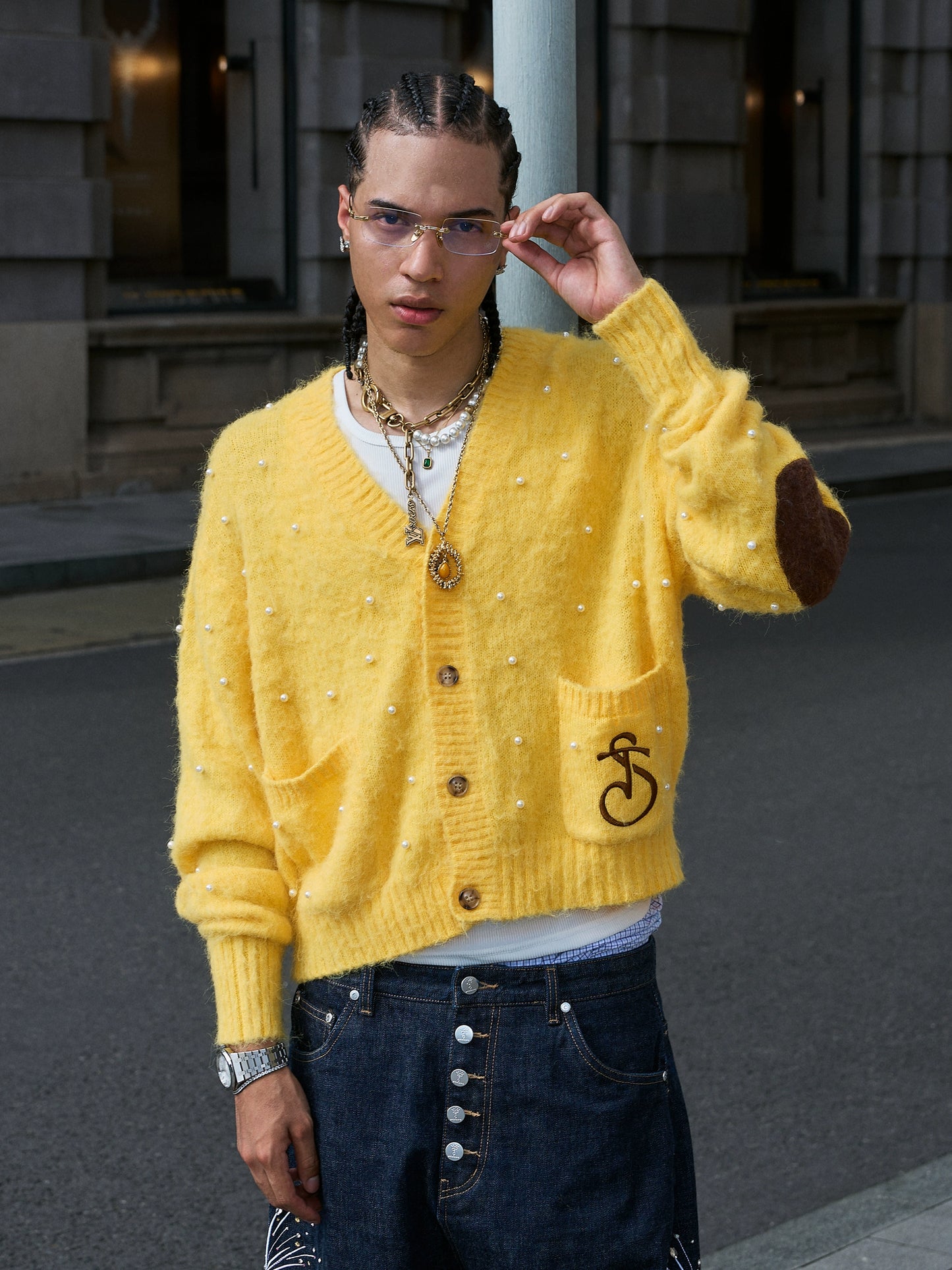 Tricolor Knit Cardigan yellow / brown / pink/