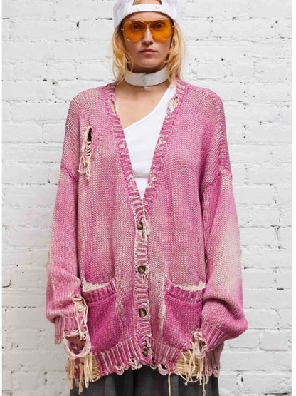 Pink Tie-Dye Distressed Knit Cardigan