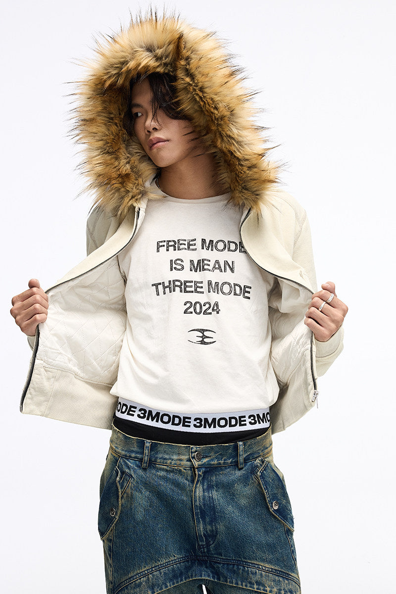 Fur collar slim wash distressed zipper hooded