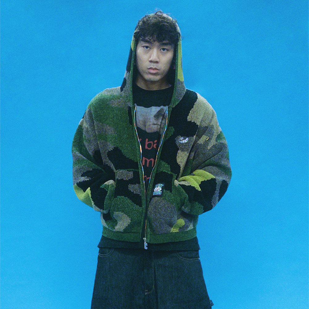 KNIT CAMO ZIP UP HOODIE